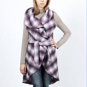 Purple Plaid Belted Cocoon Cardigan Vest